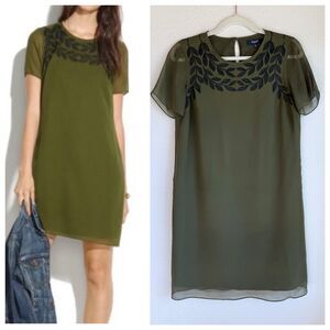 Madewell 100% Silk Embroidered Leaf Short Sleeve Shift Dress Olive Green Black